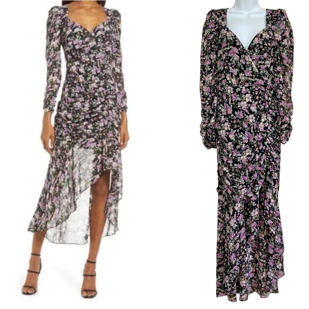 Black Purple Dark Floral Chiffon Midi Dress Size Large Ruched Y2K Dainty